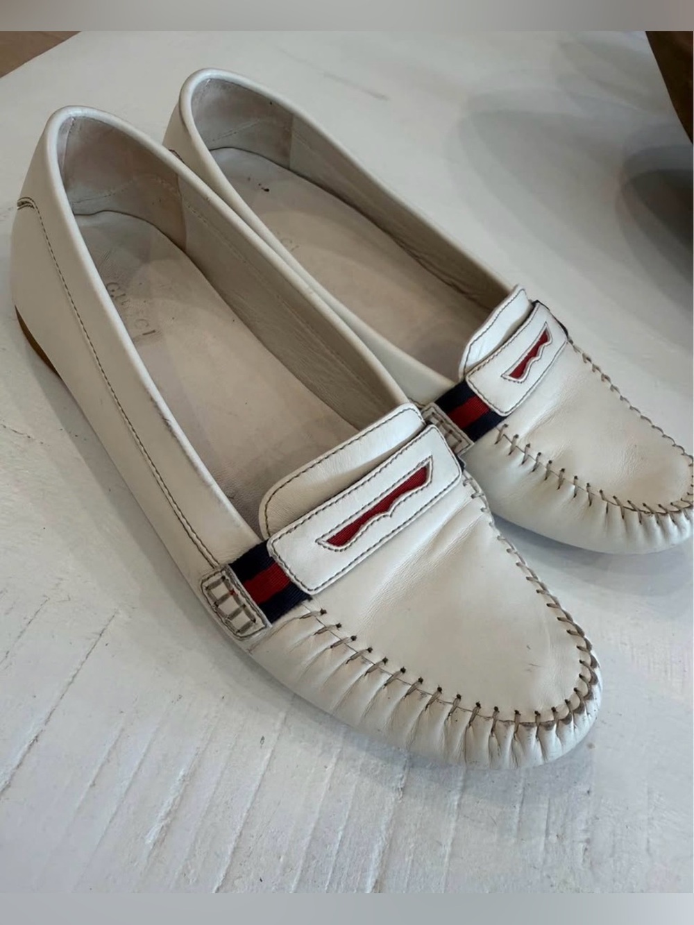 Gucci White Leather Penny Loafers with Red & Navy Classic Web- Woman’s - Picture 4 of 8